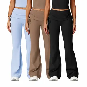 3 Pack Fold Over Waist Drawstring Flare Yoga Pants for Women, High Waist 4-Way Stretch Bootcut Workout Leggings, Soft Non-See Through Casual Athletic Trouser