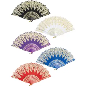Handheld Chinese Folding Fan Hand Fans for Women Foldable Bulk for Party Wedding Church Dancing (5 Mixed Colors)
