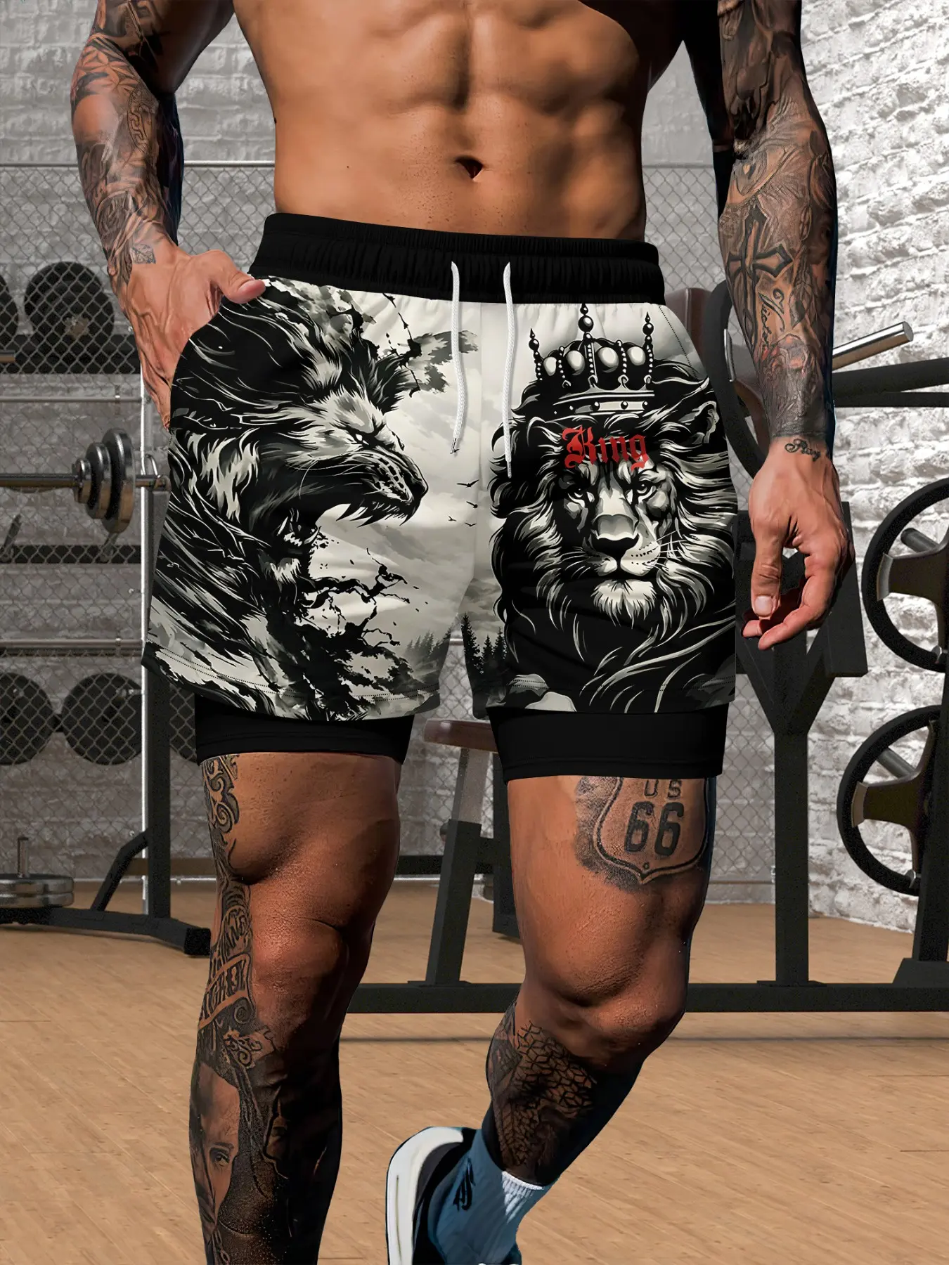 Men's Lion Print Gym Shorts, Dual-Layer Inner Lining Sports Pants, Street Style Fitness Training Essential, Casual Fitted Shorts, Graphic Shorts, Shorts with Liner