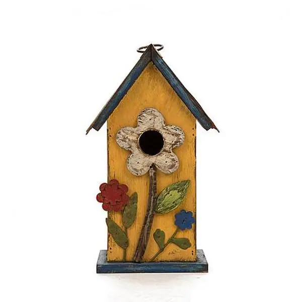 Glitzhome 10.25" Distressed Solid Wood Birdhouse with Flower