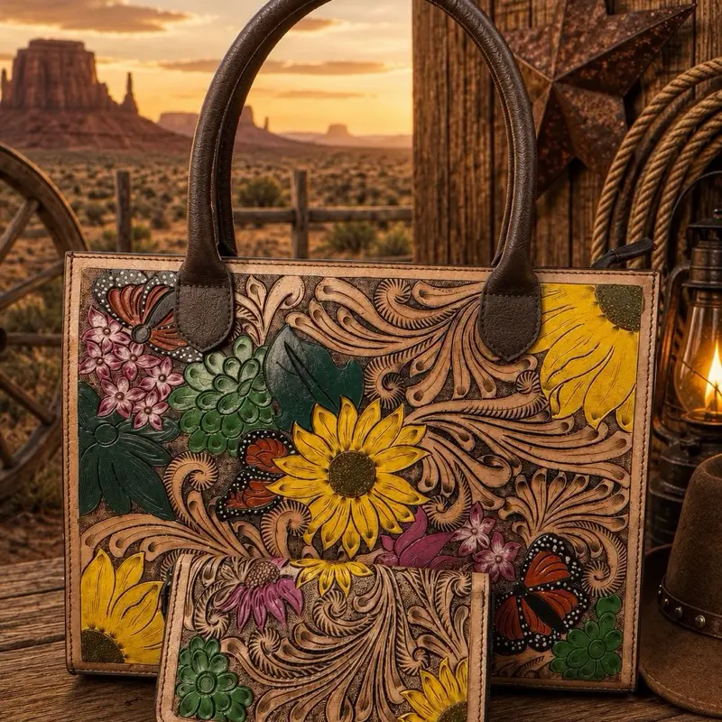 Sunflower-Butterfly Tooled 2-Piece Tote and Wallet Set