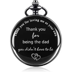 FLORIDECO Dad Gift Pocket Watch for Father in Law, Black Personalized Pocket Watch with Chain Engraved Thank You for Loving Me as Your Own, Quartz Pocket Watch for Father's Day Gift Fathersdaygift Love