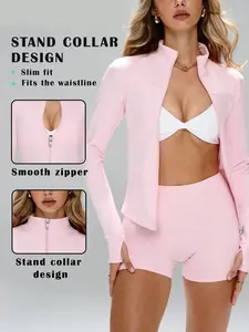 Women's Slim-Fit Zipper Jacket & Sweat-Wicking Shorts Set, Sporty Style, All-Season Comfortable Elastic Waistband Design, Sports Activewear Set