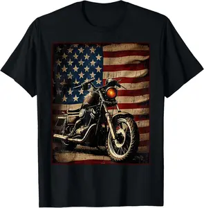 Motorcycle USA Flag Retro Biker T-Shirt Cotton Short Sleeve Shirt Casual Tee streetwear