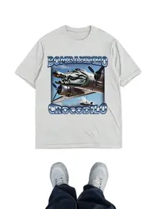 Crocodile Bomber Vintage Military Short Sleeve T-Shirt, Oversized Drop Shoulder, Bombardino Crocodilo Creative Print, Casual Streetwear Top