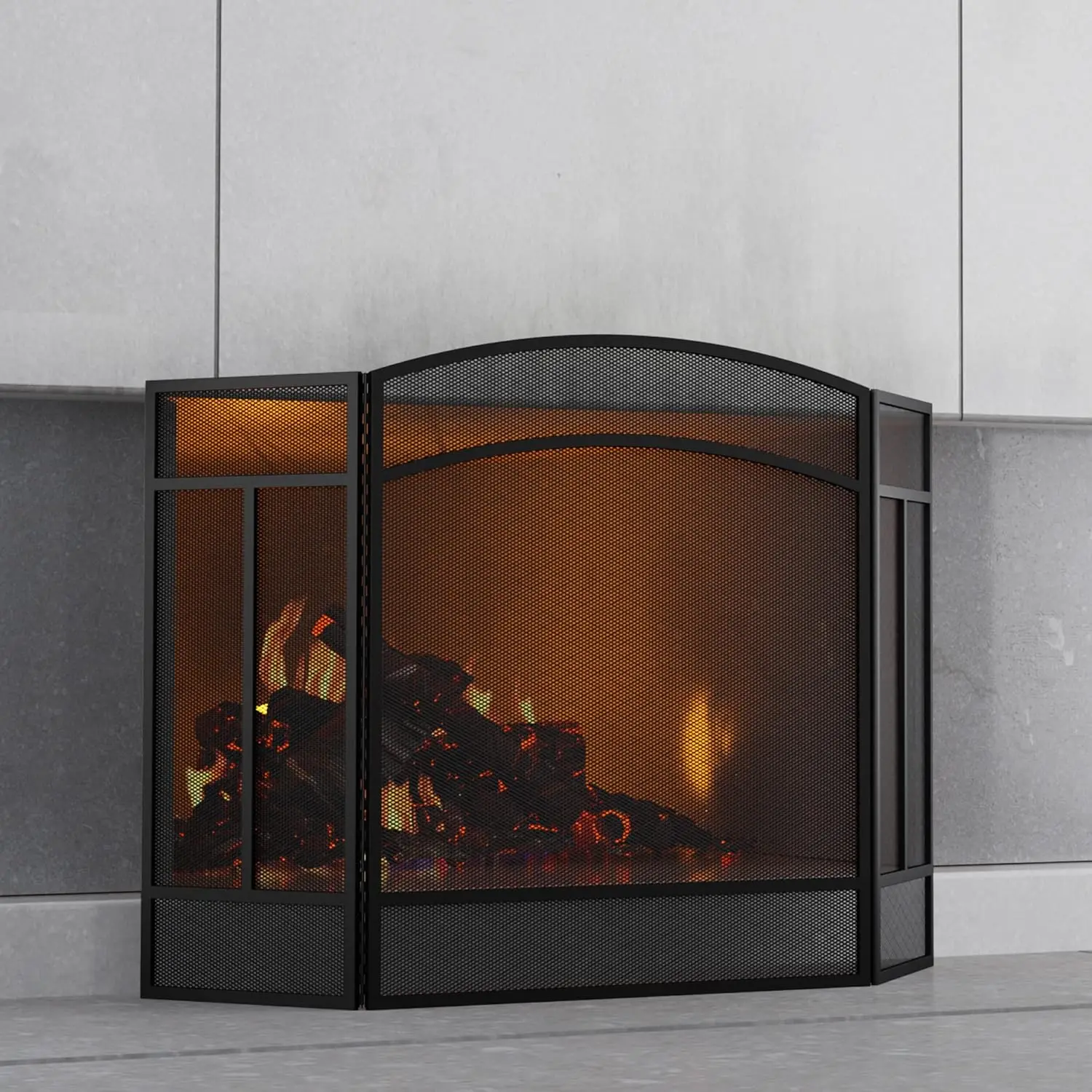 place Screen 3 Panel Wrought Iron 48"(L) x 29"(H) Spark Guard Cover(Black)