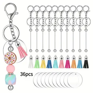 30pcs Beadable Keychain Bars Bulk Set Include Silvery Blanks Beaded Keychain Colorful Leather Keychain Tassels Acrylic Blanks for Jewelry Making Key Chains