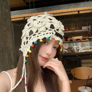 Women's Large Head Circumference Lightweight Handmade Knitted Beanie - Thin, Breathable, Hollow Crochet Stackable Tasseled Yarn Hat for Sports & Outdoor Use, Lightweight Beanie
