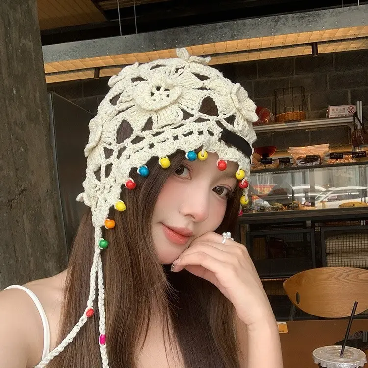 Women's Large Head Circumference Lightweight Handmade Knitted Beanie - Thin, Breathable, Hollow Crochet Stackable Tasseled Yarn Hat for Sports & Outdoor Use, Lightweight Beanie