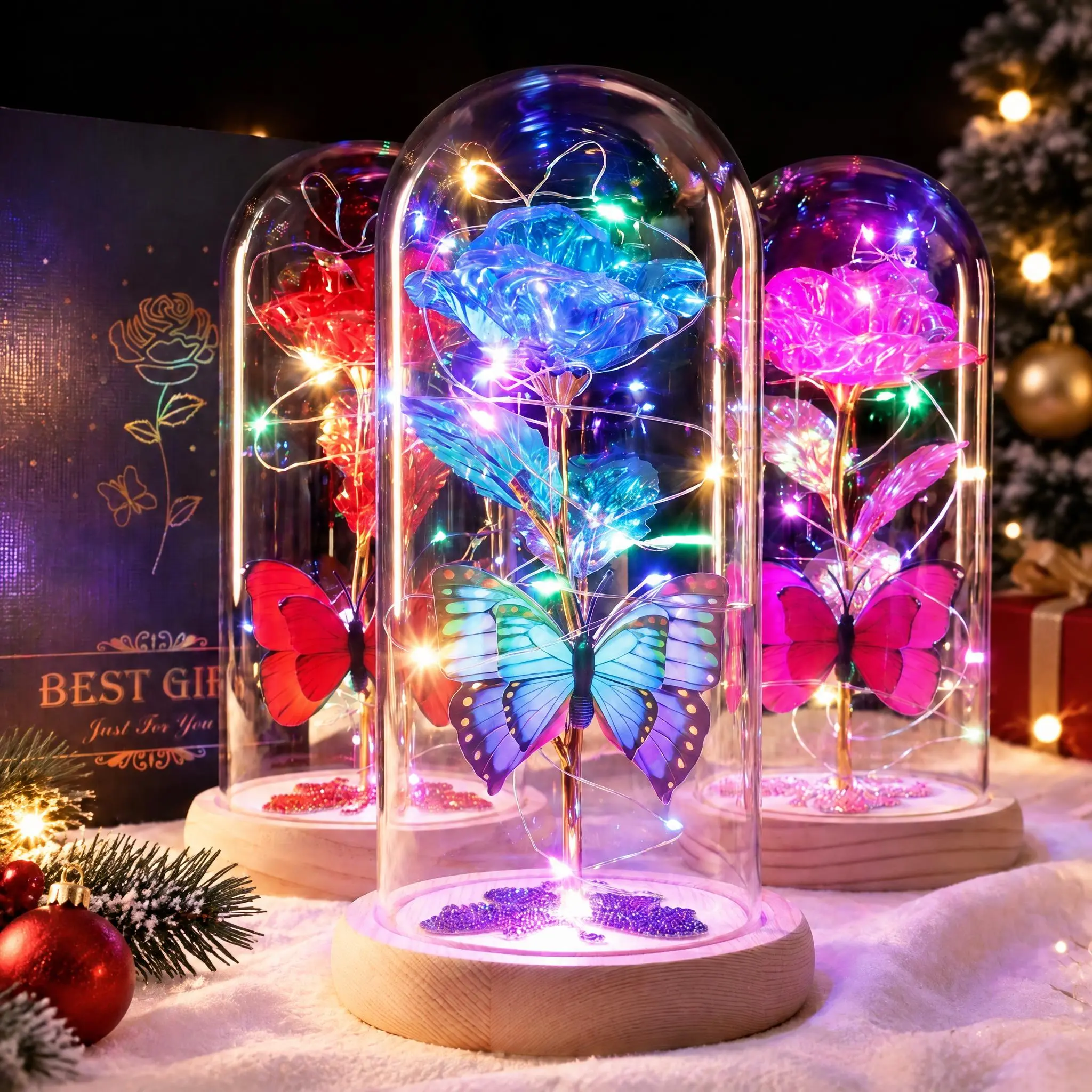 DEEMEI Eternal Artificial Rose Night Light - Galaxy Glass Dome, Butterfly Flowers Decoration, Birthday Christmas Romantic Gifts for Girlfriend Her Mom