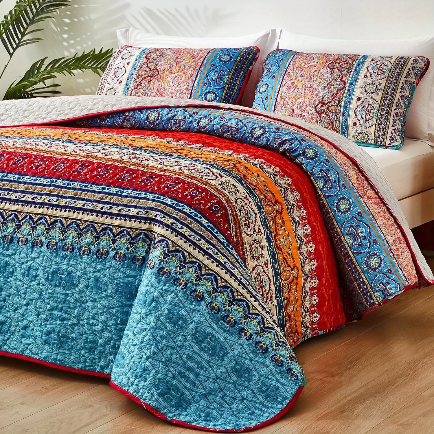 Bohemian Quilt Set Full Queen King California King Size, Boho Striped Pattern Quilts Bedspread Set for All Season, Soft Microfiber Coverlet Bedding Set