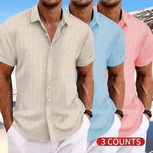 Men's Casual Short Sleeve Button Down Shirt – Striped Polyester Dress Shirts for Summer Beach Vacation, Business Casual & Daily Wear, Solid Color Loose Fit Top