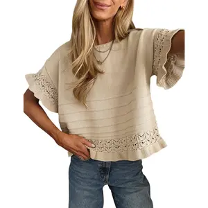 EncoLax Short Sleeve Sweater for Women Spring Summer Tops Crochet Round Neck Ruffled Hem Knit Pullover Casual Blouse