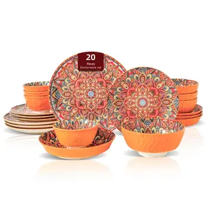 Bohemia Style 20pc Orange  8inch Pasta Bowls Embossed Dinner Set Ceramic Plates Dinnerware Sets for Guest Party Campe Decor