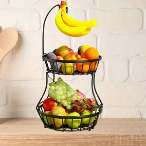 2Tier Fruit Basket Bowl Stackable Vegetable Storage with Banana Tree Hanger Stand for Kitchen,Metal Wire Basket for Bread Onions Potatoes Black Organiser Hangable