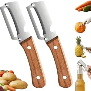 Two-Piece Heavy-Duty Stainless Steel Peeler Slicer, Wooden Handle, Thick Blade, Multi-Functional for Fruits and Vegetables, Home & Professional Use