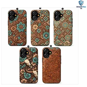 [ShieldVibe 14] Western Cowgirl Floral Turquoise Tooled Leather Tough Case for iPhone 17 16 15 14 13 12 11 Pro Max Plus XR XS 8 7 SE Mexican Rustic Arts Dual Layer Shockproof Protective Cover