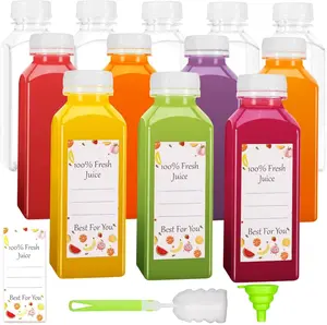 12pcs 12oz Juice Bottles with Caps, Reusable Plastic Bottles for Juicing, Milk, Smoothie, Juice Containers with Lids with 12pcs Labels & Bottle Brush & Funnel, Christmas Gifts  Organiser Set Canister