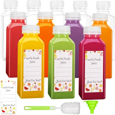 12pcs 12oz Juice Bottles with Caps, Reusable Plastic Bottles for Juicing, Milk, Smoothie, Juice Containers with Lids with 12pcs Labels & Bottle Brush & Funnel, Christmas Gifts  Organiser Set Canister