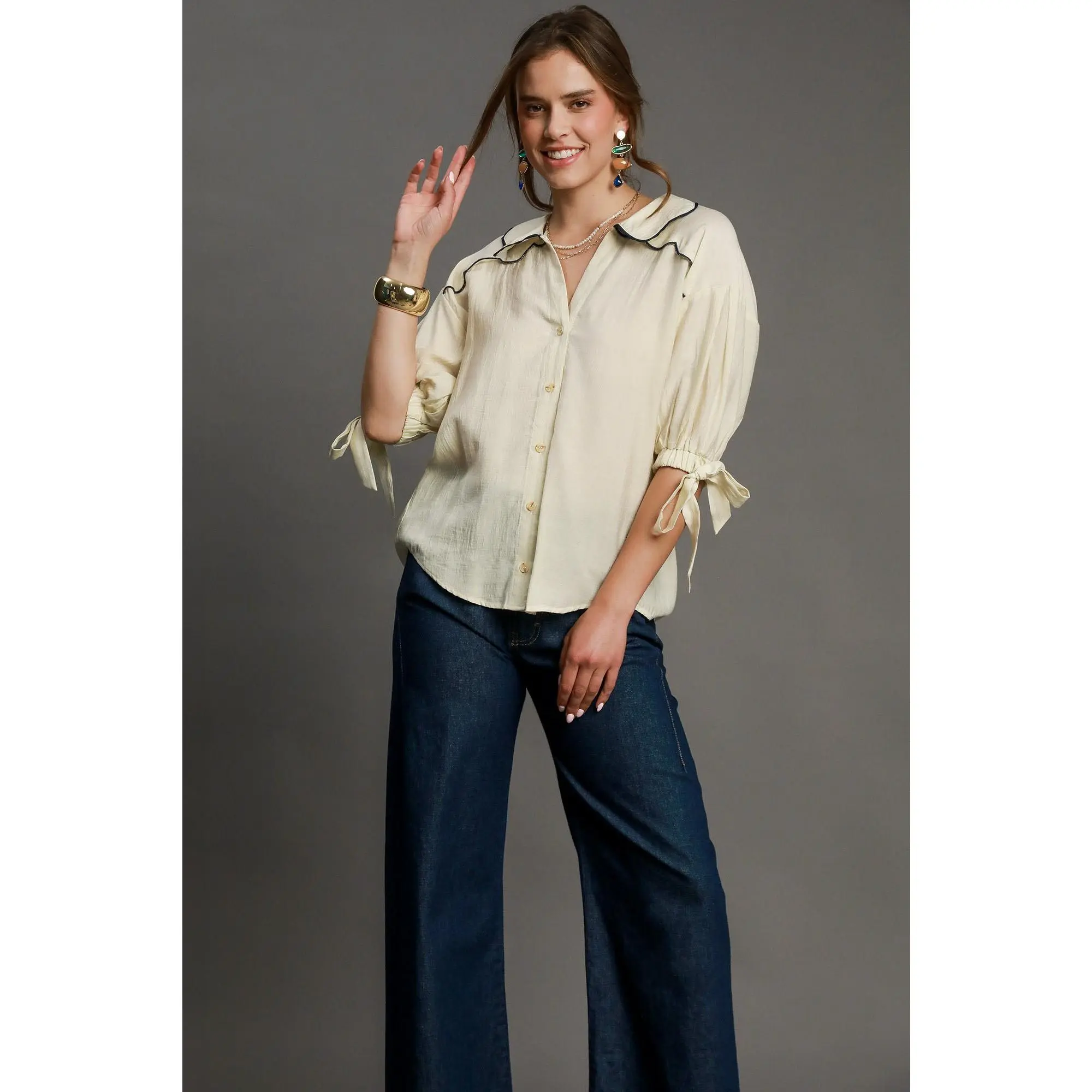 Umgee Full Size Embroidered Detail Button Down Shirt Plus Size
