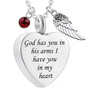 Cremation Ashes Memorial Urn Necklace, Angelic Remembrance Text Jewelry with Angel Wing Charm & Birthstone Crystal, Keepsake Fashion Accessory, Angelic Necklaces, Remembrance Text Necklaces