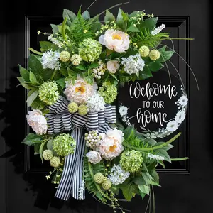 Spring Summer Wreaths for Front Door, Half Circle Summer Wreath with Hydrangea & Peony, Striped Bow & Welcome Sign – 24 Inch Indoor/Outdoor Seasonal, Housewarming & Festive Spring Door Wreath Decor