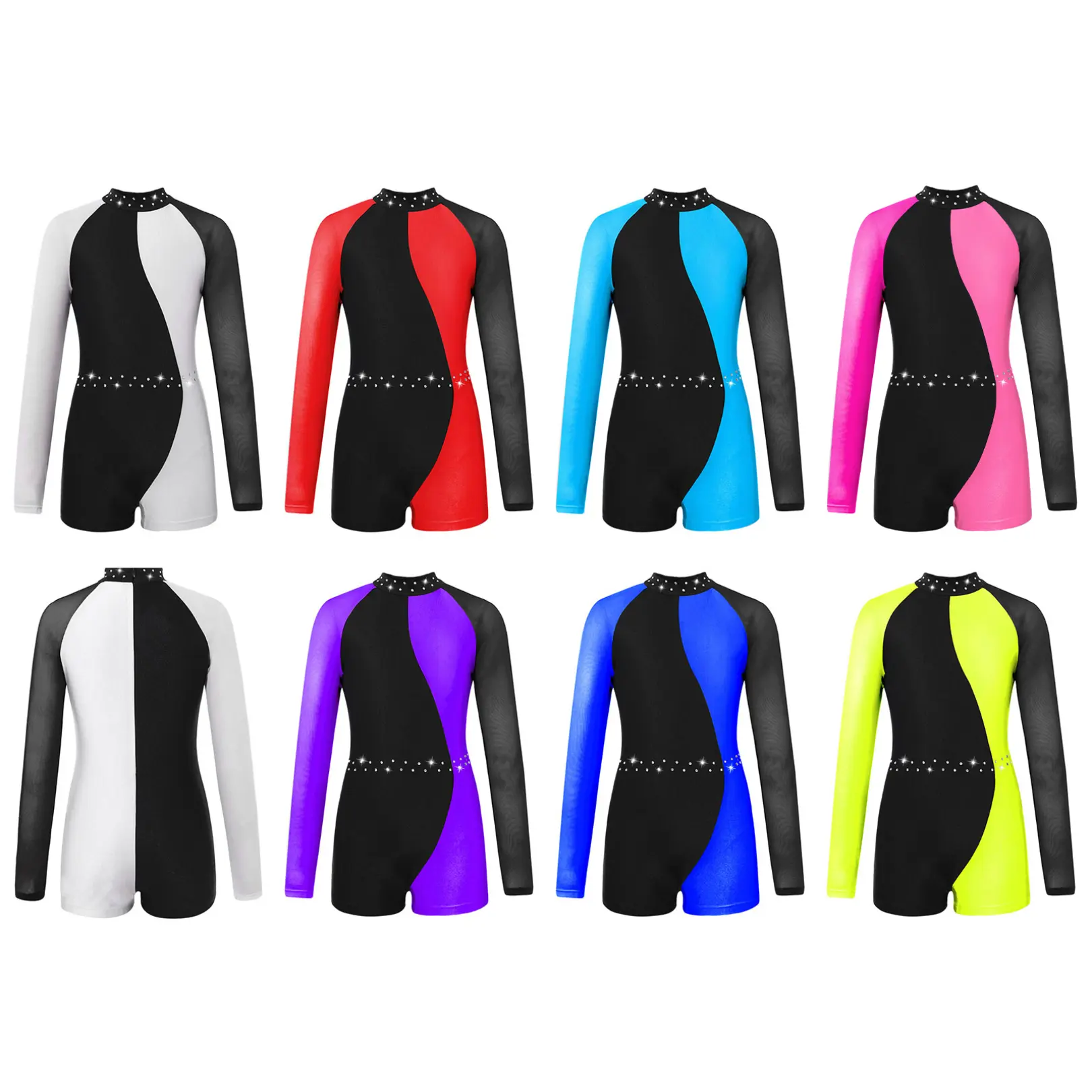 easyforever Girls' Long-Sleeve Shiny Rhinestone Ballet Dance Leotard - Female Modern Dance Gymnastic Bodysuit with Invisible Zipper, Boxer Bottom Style, 70% Polyester 20% Spandex Athletic Unitard, 1Pc, Long Sleeve Shirt, Breathable
