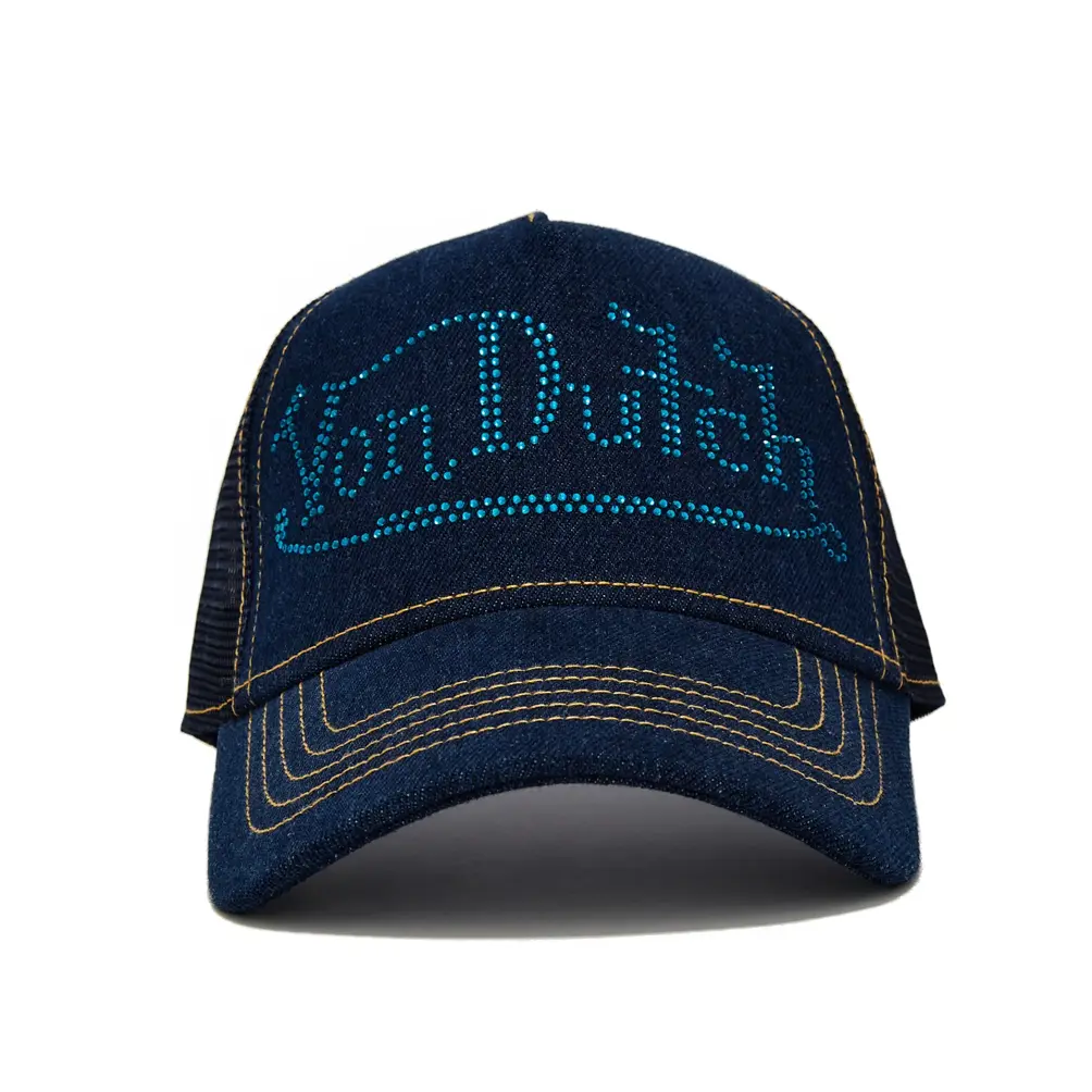 Von Dutch Navy RhineStone Logo Denim Trucker