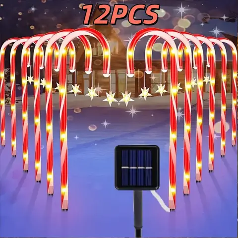 Solar Powered Christmas Lights Outdoor - Candy Cane Design with 5/10 Plastic LED Hanging Star Ornaments, Hanging Loop, IP65 Rated, Twinkle Mode, Durable, Easy to Install, for Outdoor Paths Home Festive Decorations