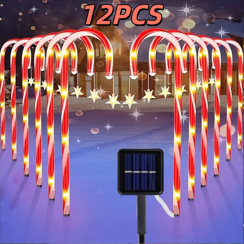 Solar Powered Christmas Lights Outdoor - Candy Cane Design with 5/10 Plastic LED Hanging Star Ornaments, Hanging Loop, IP65 Rated, Twinkle Mode, Durable, Easy to Install, for Outdoor Paths Home Festive Decorations