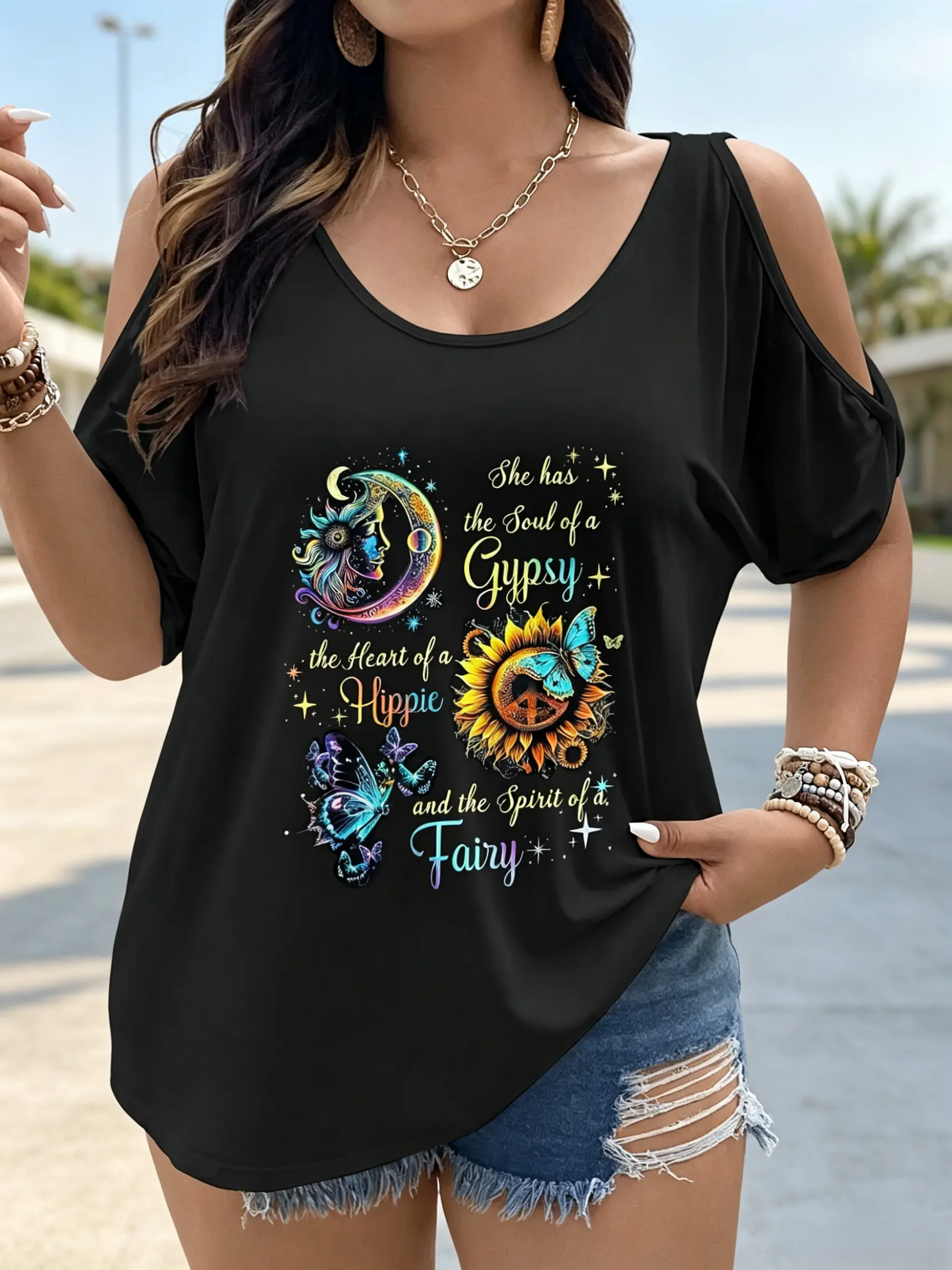 Women's Plus Size Cold Shoulder Short Sleeve Boho tshirt - "She Has The Soul of a Gypsy, The Heart of a Hippie, The Spirit of a Fairy" Print, Colorful Crescent Moon Sunflower Butterfly Design, U-Neck Loose Fit for Daily Outdoor Wear women oversized retro