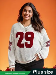 Plus Size Unisex Knit Striped & Number Pattern Loose Fit Hollow Out Sweater Pullover, Spring & Fall Fashion, Moderate Fabric Thickness