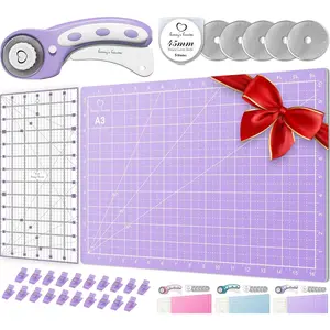 Rotary Cutter Set lavender - Quilting Kit incl. 45mm Fabric Cutter, 5 Replacement Blades, A3 Cutting Mat, Acrylic Ruler and Craft Clips - Ideal for Crafting, Sewing, Patchworking, Crochet & Knitting