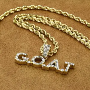 Letters GOAT Greatest of All Time Cubic Zirconia Pendant & 4mm 18" 20" 24" Rope Chain Hip Hop Style Necklace Jewelry Gift