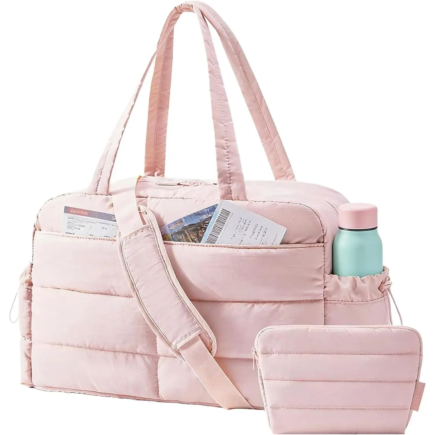 Gym Bag for Women, Lightweight Puffer Duffle Bag 2-PC Travel Bag, 31L Weekender Overnight Bag Quilted Carry On Tote Bag, Diaper Hospital Dance bag for Travel, Gym, Water Resistant, Pink