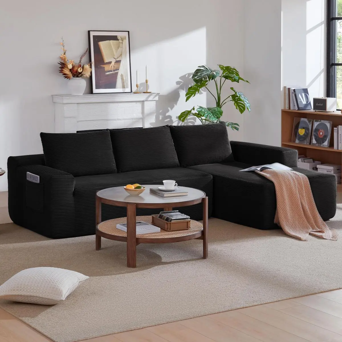 97" Sectional Sofa Couches for Living Room, Boneless Couch with Recliner, Modern Modular Black Sofa, Assembly Free, Ideal L Couches for Small Spaces, No Assembly Required, Black