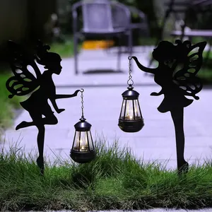 Solar Fairy Garden Decor – 2 Pack Metal Fairy Hanging Lantern Solar Outdoor Garden Decoration Silhouette Light Stake Garden Decorative Stake Ornaments for Lawn,Patio or Courtyard,Gifts