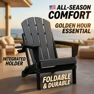 Folding Adirondack Chair with Cup Holder HDPE Plastic Outdoor Fire Pit Seating Weather Resistant Patio Furniture Heavy Duty 350lbs Capacity Wood Grain Lounge Chairs for Backyard Deck Lawn Porch Easy Assembly Space Saving