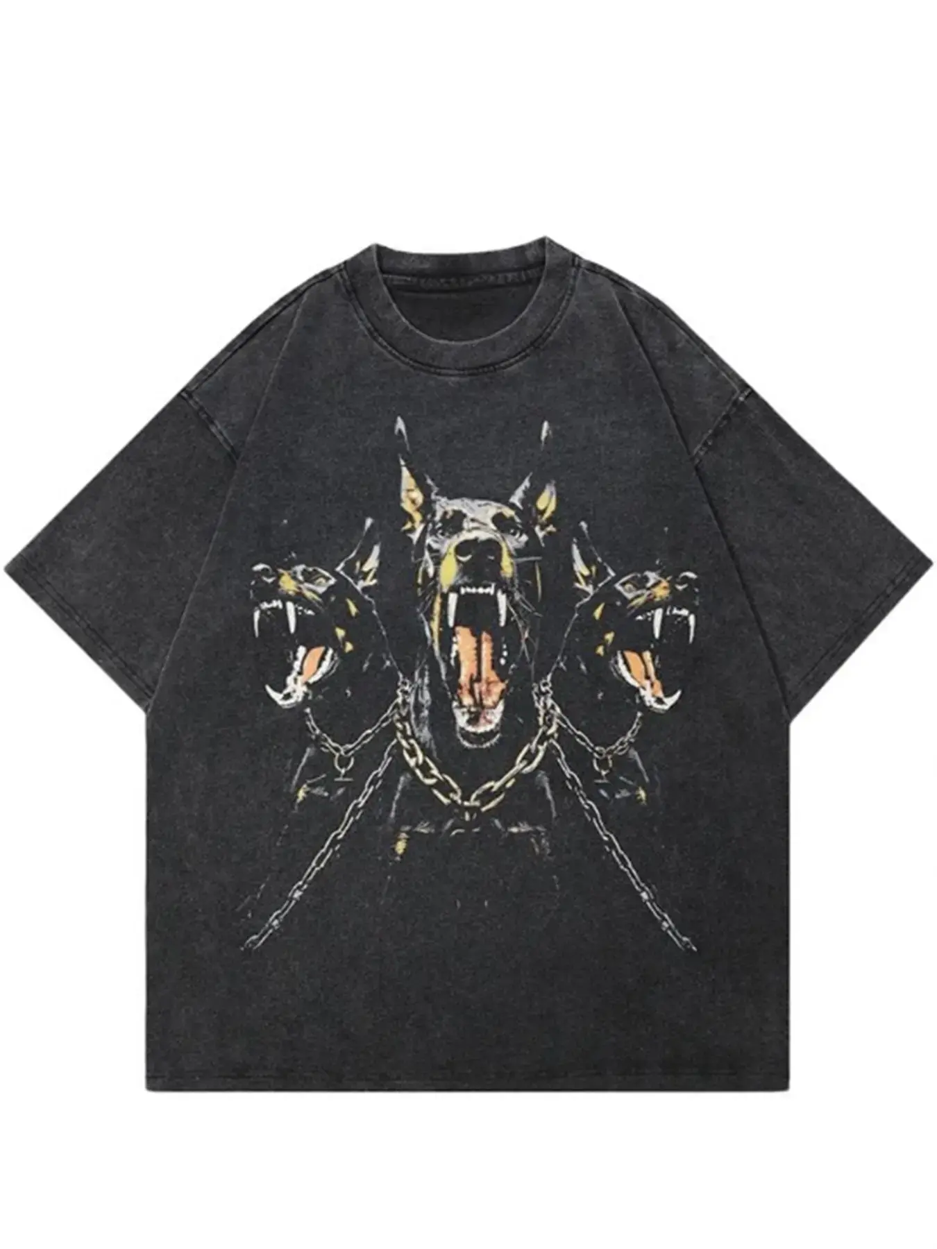 Men's Vintage Acid-Washed Oversized Cotton Crewneck T-Shirt - 3 Doberman Dogs with Chains Retro Graphic Print, Loose Drop-Shoulder Unisex Dark Edgy Streetwear Tee, Trendy Animal Graphic Gift