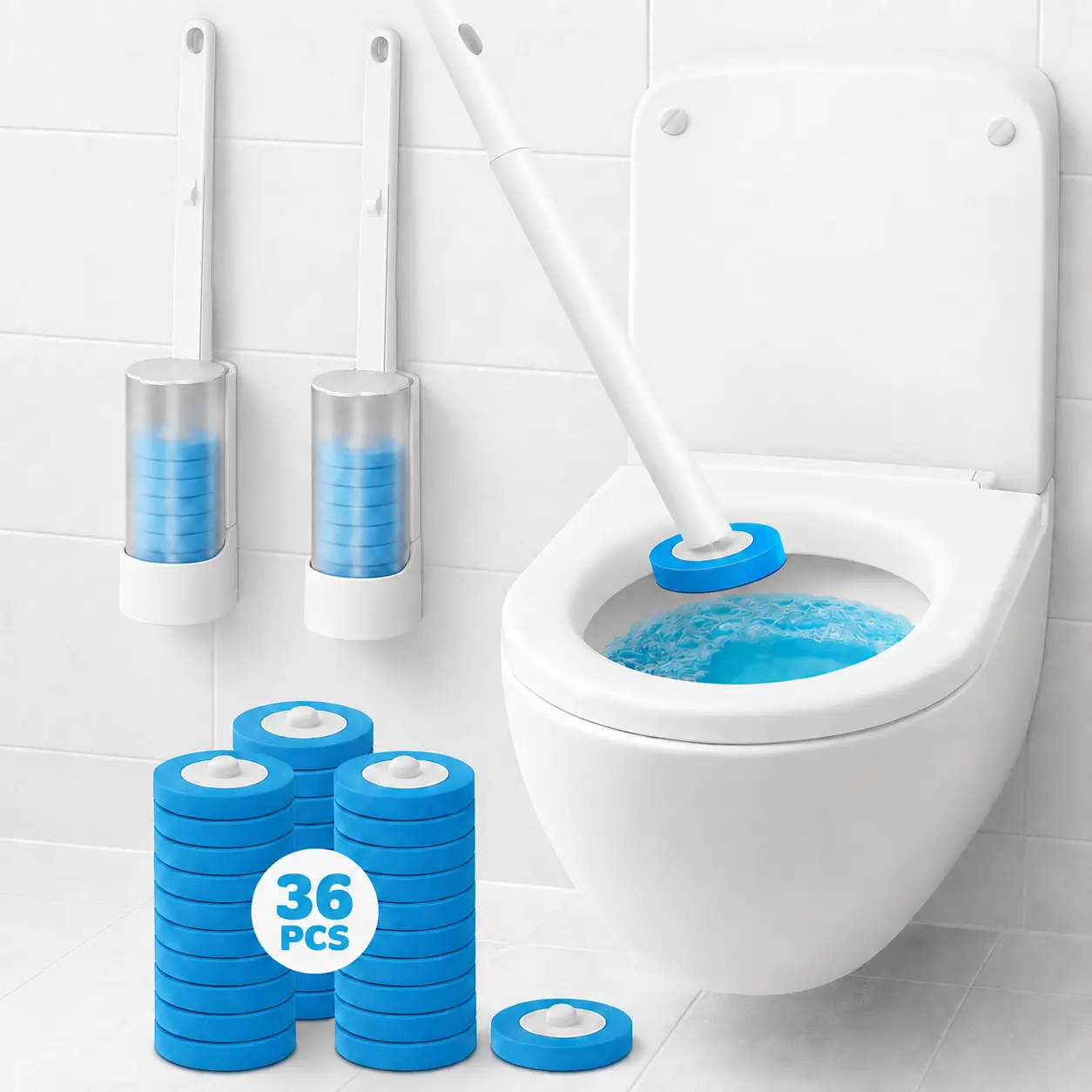 3-in-1 Disposable Plastic Long Handle Toilet Brush & Wall Mount Holder Set, 18/36 Refill Heads Starter Kit, Kills 99.9% of Germs & Viruses, Daily Bathroom Cleaning Wand Caddy for Sink Bathtub Drain
