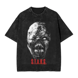 Residents Evils Nemesis Head T Shirt Hip Hop Washed Oversize T-Shirts for Men Women Tops Streetwear Summer Tee Shirt