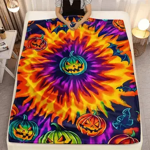 1pc Extra Large Flannel Blanket - Heavyweight 280GSM Soft Warm Throw - Halloween Pumpkin, Jack-O'-Lanterns & Bats Print in Orange, Purple, Blue, Yellow, Red, Green, Black, White, Pink - for Couch, Bed, Travel, Camping - Perfect Ha
