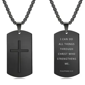 Men's Bible Verse Cross Tag Pendant Necklace, Stainless Steel Inspirational Necklace for Men