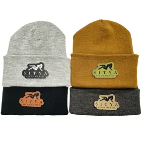 Sitya Leather Patch Unisex Cuffed Knit Beanie