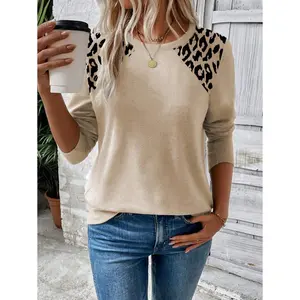 Women Leopard Print Symmetric Shoulder Long Sleeve Round Neck T-Shirt Fall Cloth For Women