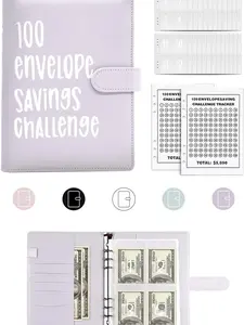 100 Envelopes Money Saving Challenge Budget Binder, Envelope Savings Challenge Book, 52 Week Money Binder For Cash Saving Budget Book With Pouches Halloween, Christmas, Gifts For Friends Purple