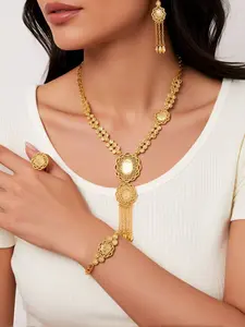 24k Gold Plated Jewelry Set, 4 Piece Vintage Tassel Flower Copper Wedding Party Set, Includes Necklace Earrings Bracelet Ring, Women's Gift