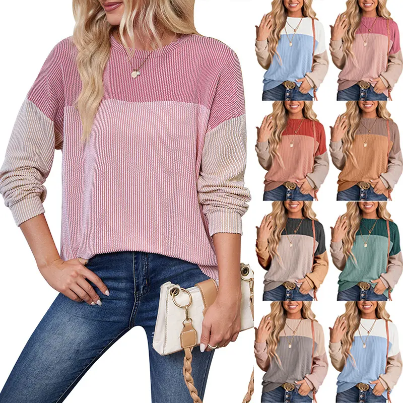 New Autumn/Winter Casual Striped Multi-Color Patchwork Sweatshirt for Women