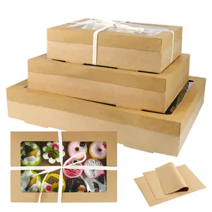 3 Pack Kraft Bakery Box with Clear Window Lid, 12/14/18" Foldable Brown Paperboard Food Wrapping Tray with Greaseproof Paper for Donuts, Pies, Picnic, Gift Packaging Ribbon, Baking Supplies Kit, Home Baking Supplies, Baking Accessories