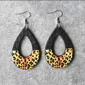 Wooden Teardrop Black Pink Yellow Leopard Print Earrings